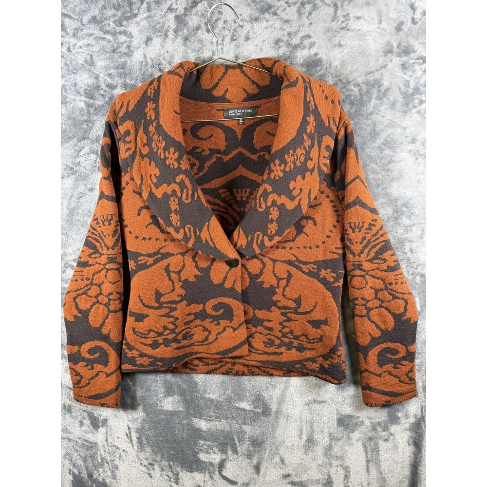 Jones New York Collection Sweater Womens M Orange Merino Wool Floral Cardigan